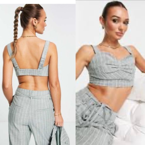 NWOT VERO MODA TAILORED CROPPED SUIT TOP IN KHAKI PIN STRIPE-GREEN - Picture 1 of 6